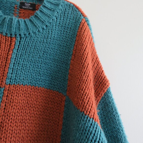 DRESSED IN LALA Rue Oversized Checkered Knit Sweater in Rust Blue - Size S/M - Picture 8 of 13